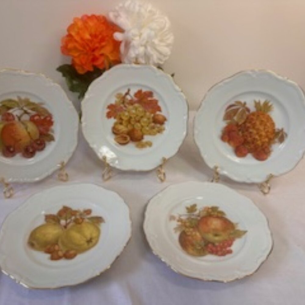 Vintage Winterling Roslau Bavaria Germany‎ Fruit Motif Plate Set – Gold Trimmed